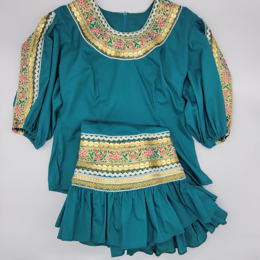 Jeanettes Womens Green Southwest Albuquerque Zipper Skirt And Blouse Set Size 14